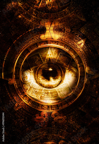 Ancient Mayan Calendar and woman eye,  abstract color Background, computer collage. Eye in circle light. 