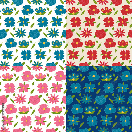 Four colorful flowers seamless pattern