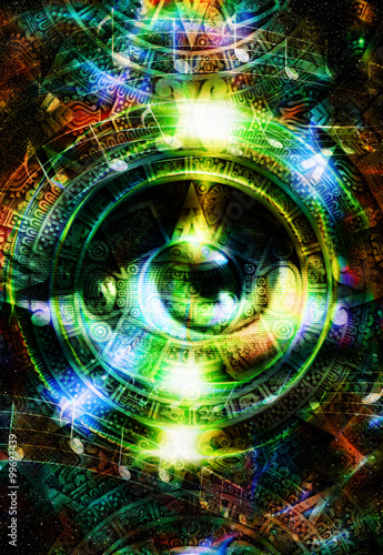 Ancient Mayan Calendar and woman eye with  Music note, abstract color Background, computer collage.