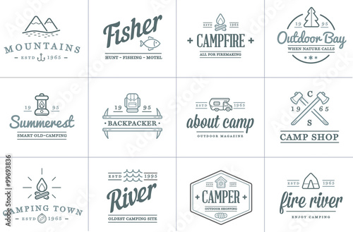 Set of Vector Camping Camp Elements and Outdoor Activity Icons Illustration can be used as Logo or Icon in premium quality