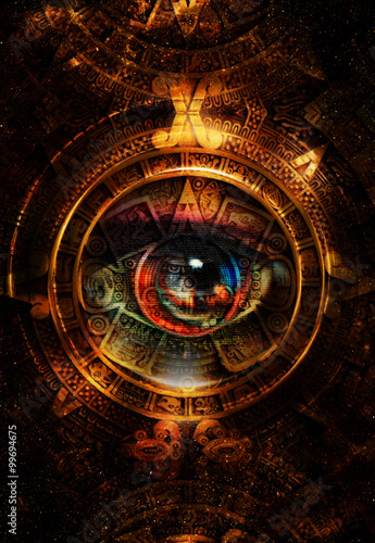 Ancient Mayan Calendar and woman eye,  abstract color Background, computer collage. Eye in circle light. 