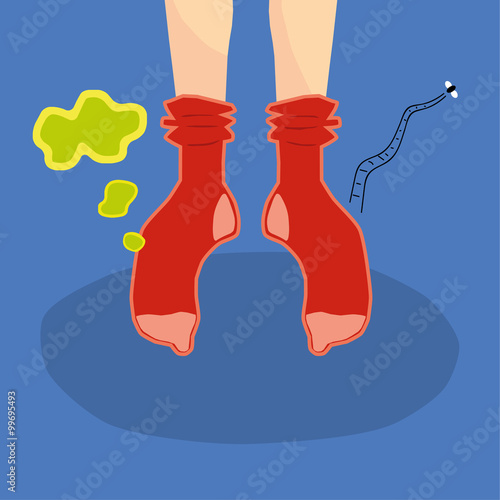 Dangling feet wearing big red socks from which cheesy smells are floating up as a small fly drifts off