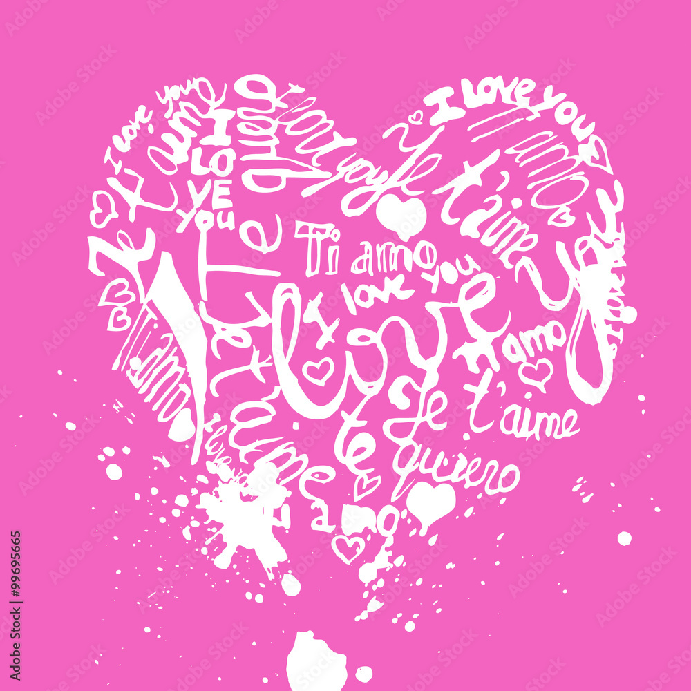 Calligraphic heart from hand written I love you text in differen