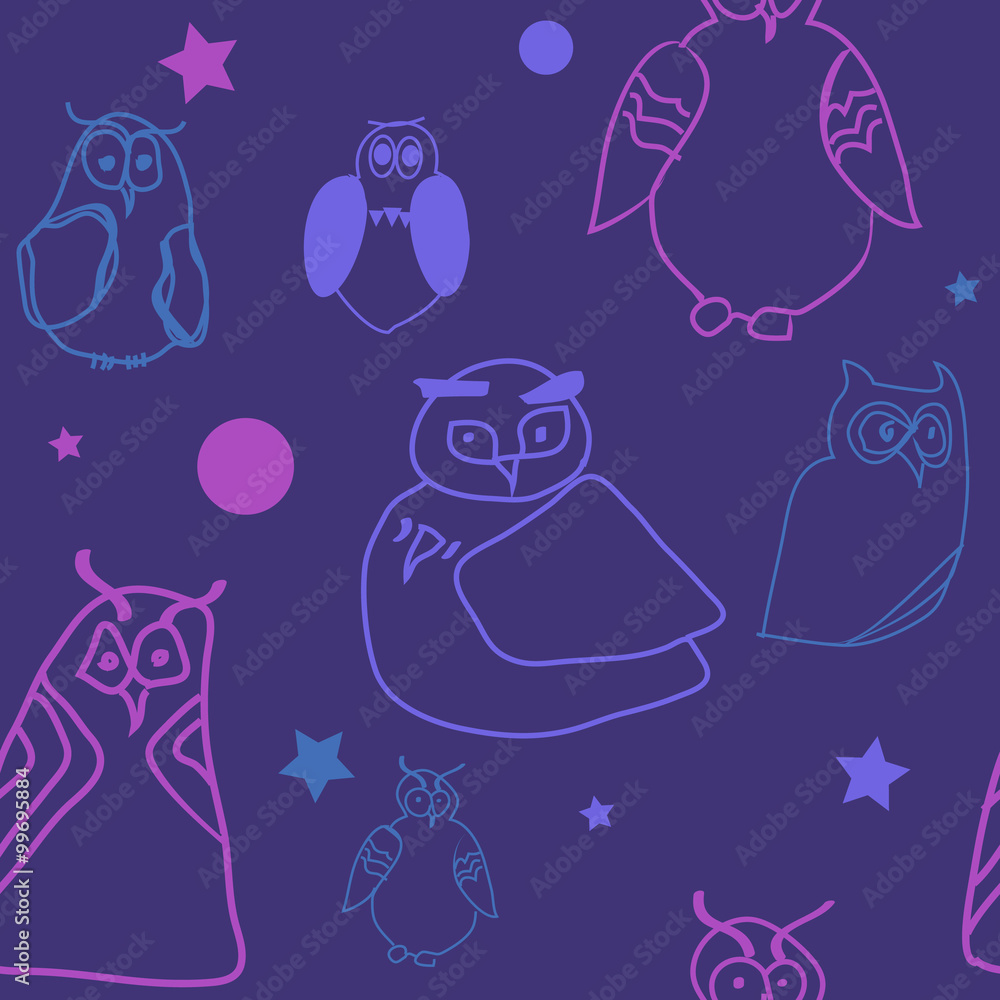 Seamless violet background with funny hand drawn owls.