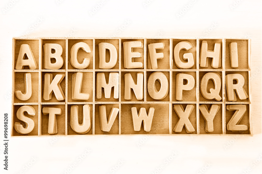 Capital wooden block letter ABC alphabet set in a wood box Capital wooden block letter ABC alphabet set in a wood box
