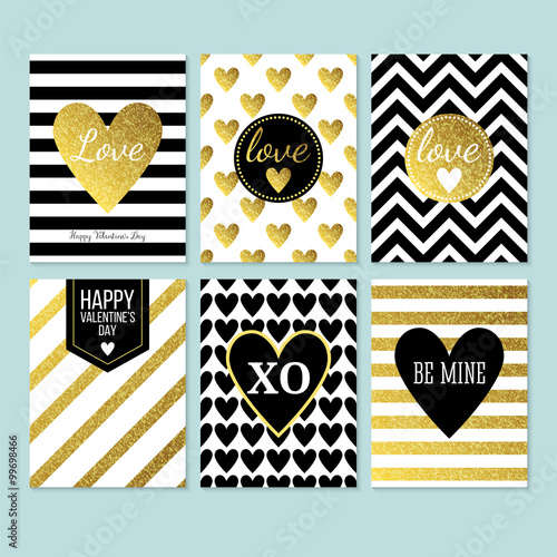 Modern creative Valentine's day cards in black, gold and white.
