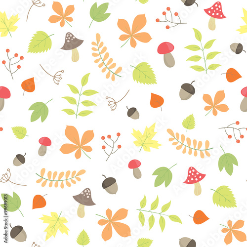 vector seamless autumn pattern with leaves and mushrooms