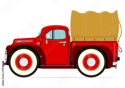 Red cartoon pickup truck on a white background. Vector