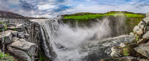 Panorama of stunning waterfall Dettifoss in Iceland