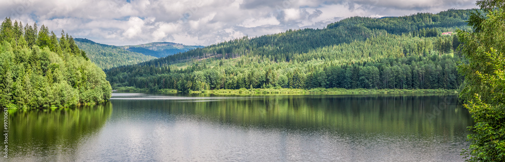 Panorama of mountain lake between forests, Poland