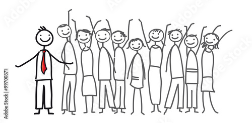 Chef mit team - Männer und Frauen, Kollegen einer Firma sehen motiviert der Zukunft entgegen, start up, die eigene Karriere aktiv gestalten, selbstständig im homeoffice arbeiten