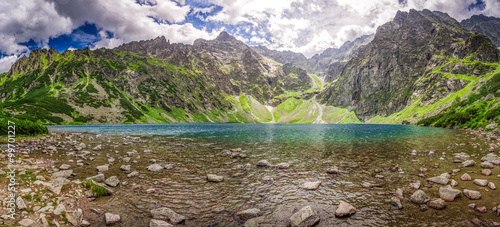 Panorama of wonderful lake in the Tatra mountains at summer