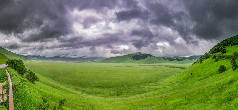 Panorama of valley in Castelluccio at summer, Umbria, Italy