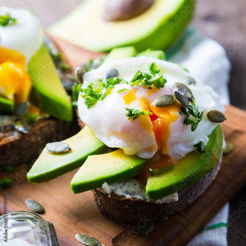 Sandwich with avocado and poached egg photo