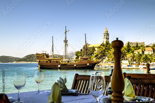 Restaurant table on Sipan island, Croatia photo