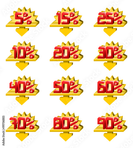 Discount Labels. Red square 3d starred with arrow vector