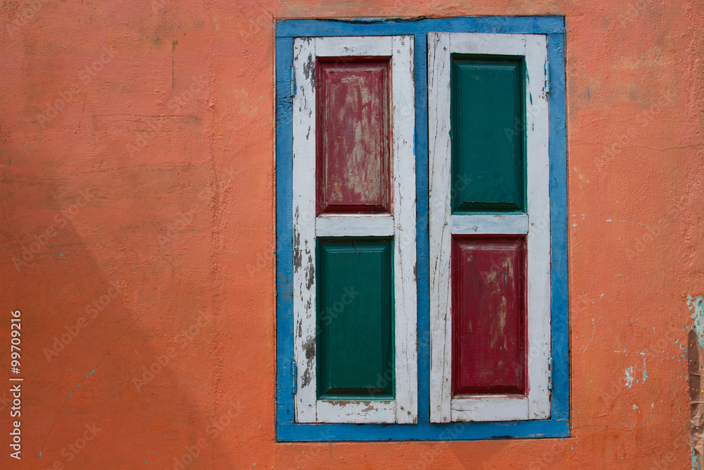 Wall. Orange wall. Window. Colored shutters. Walls and paints. Backgrounds. Textures.