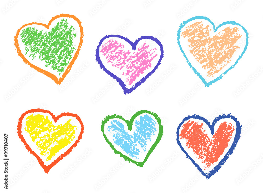 Colored illustration with love hearts on white. Set of funny hearts. Colorful pastel chalk crayon hand drawing valentine`s day`s design elements, vector background.