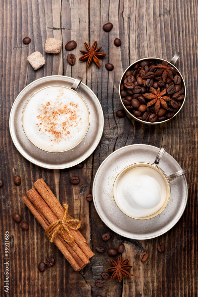Coffee cappuccino cup on wooden table. Top view Coffee cappuccino cup on wooden table. Top view