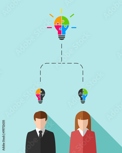 Business people together as partnership and innovation concept. Colorful lightbulb as creative idea concept.