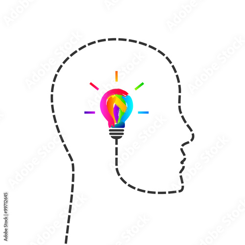 Creative mind concept . Head and profile line made of dash line and lightbulb made of colorful paint strokes.