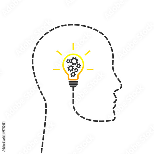 Thinking concept. Head and lightbulb with gear wheels inside.