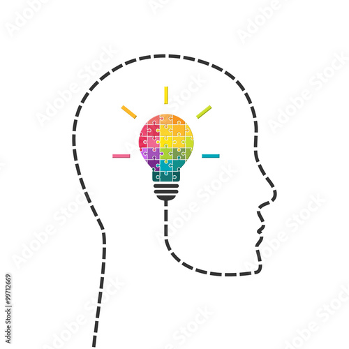 Creativity and innovation concept. Human head line with light bulb made of puzzle.