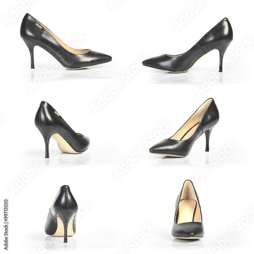 black heels from different angles on a white background