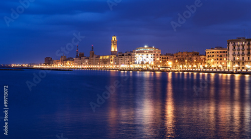 Bari night cityscape and seafront. city lights at evening
