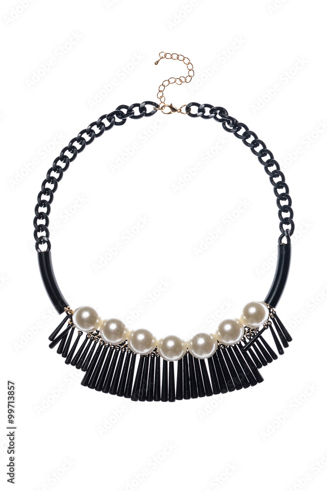 black necklace with pearls on a white background black necklace with pearls on a white background