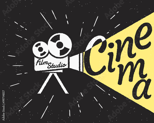 Cinema projector with yellow light hipster stylized poster