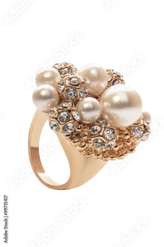 gold ring with pearls on a white background
