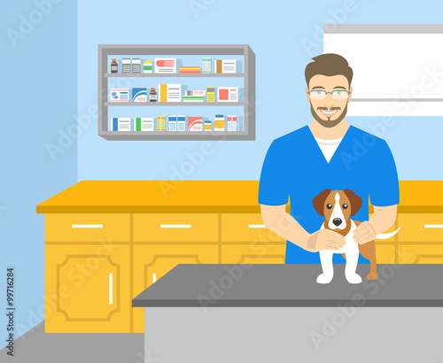 Vector flat illustration of young smiling man veterinarian holding a dog at the table in veterinary office. Pets health care horizontal banner. Veterinary cartoon concept