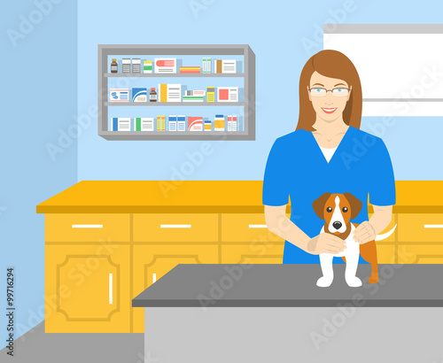 Vector flat illustration of young smiling woman veterinarian holding a dog at the table in veterinary office. Pets health care horizontal banner. Veterinary cartoon concept