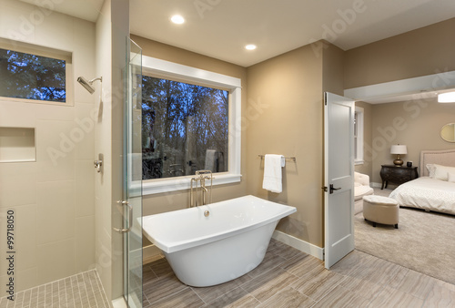 Large furnished bathroom in luxury home with tile floor  shower  bathtub  and view of master bedroom