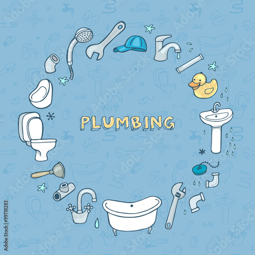 Hand drawn plumbing doodle set, round frame