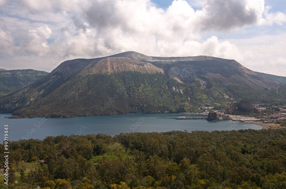 A volcano Gran cratere and Porto Levante located on the island of Vulcano, Aeolian (Lipari) Islands, Italy.