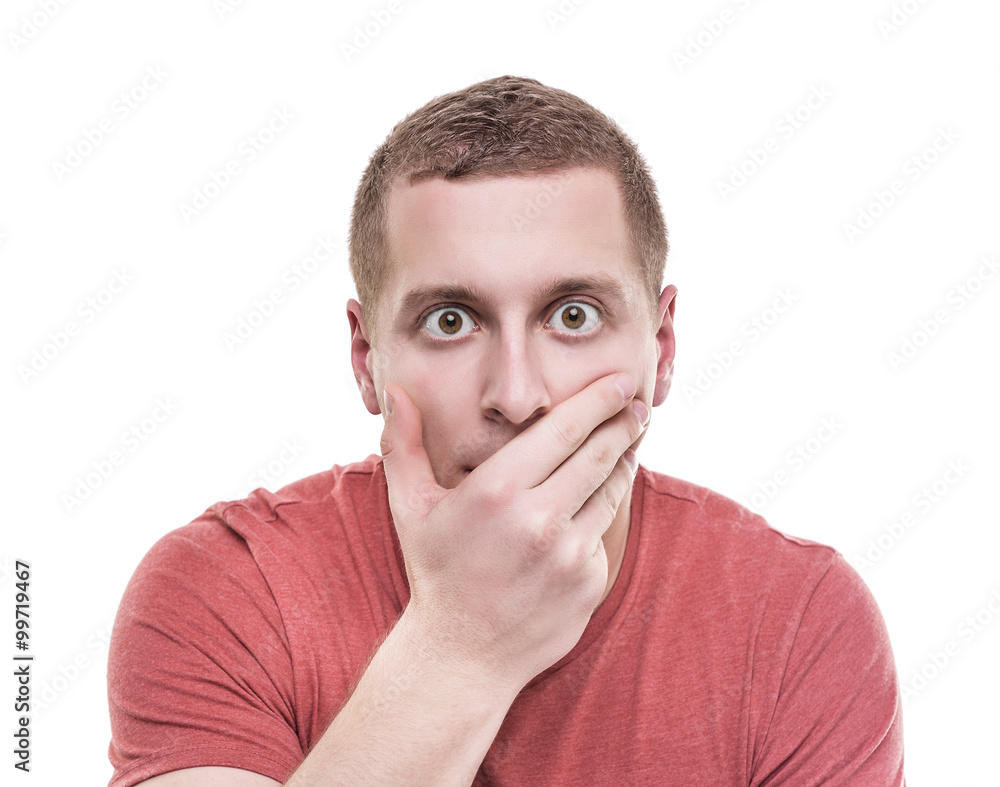Man hand covers her mouth in shock. Man hand covers her mouth in shock.