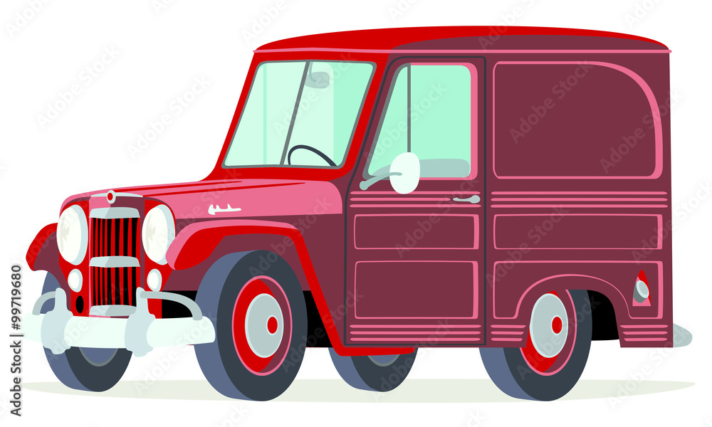 Caricatura Willys Jeep  Delivery Panel rojo vista frontal y lateral