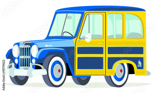 Caricatura Willys Jeep Station wagon azul vista frontal y lateral