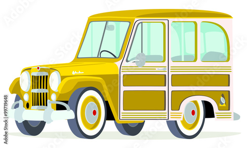 Caricatura Willys Jeep Station wagon amarilla vista frontal y lateral