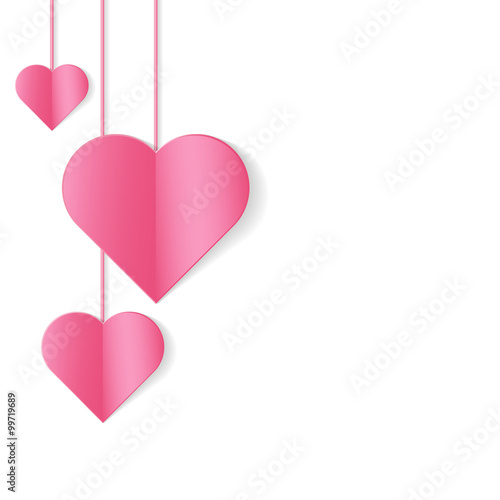 Romantic background with hanging pink hearts. Vector illustration.