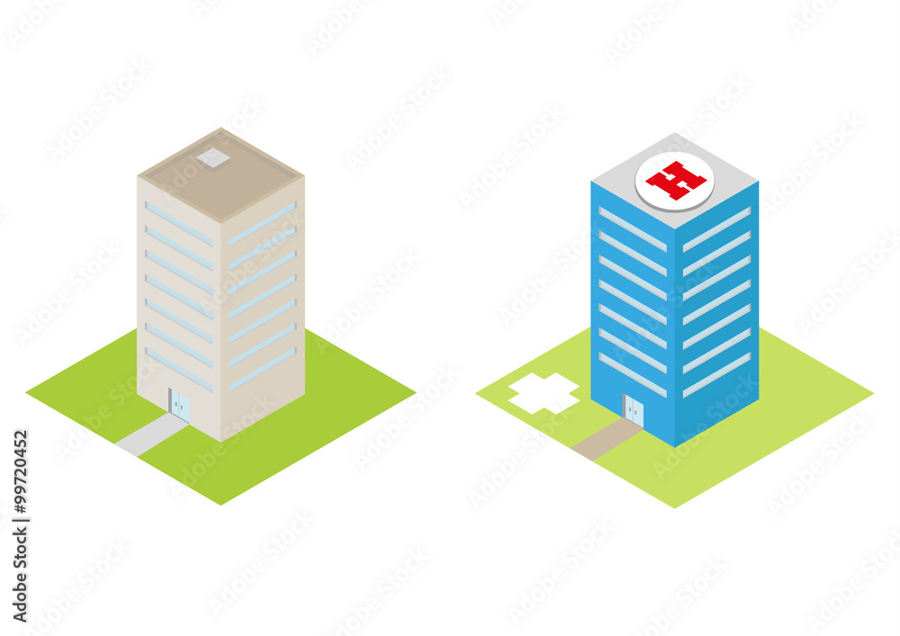 Isometric hospital with a heliport and commercial buildings vector flat 3d illustration Isometric hospital with a heliport and commercial buildings vector flat 3d illustration