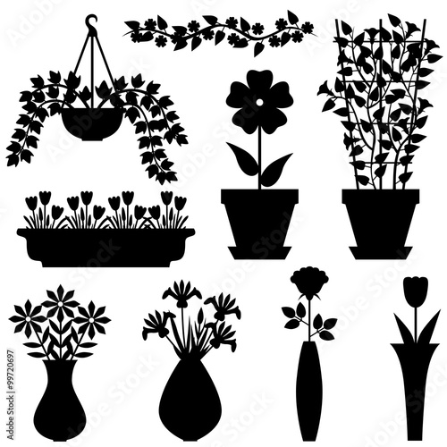 Silhouettes set of flowers in pots and vases