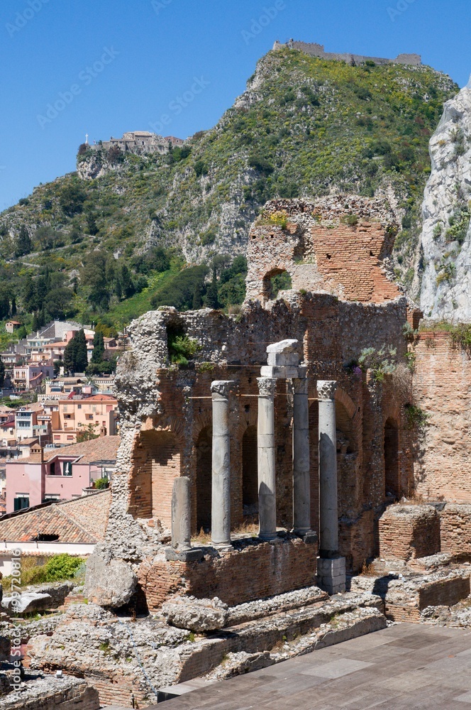 Ruins of the Greek Roman Theater in Taormina, Sicily, Italy