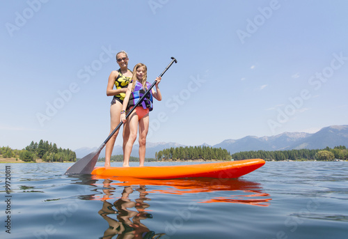 Paddle boarding on scenic mountain lake low angle view 