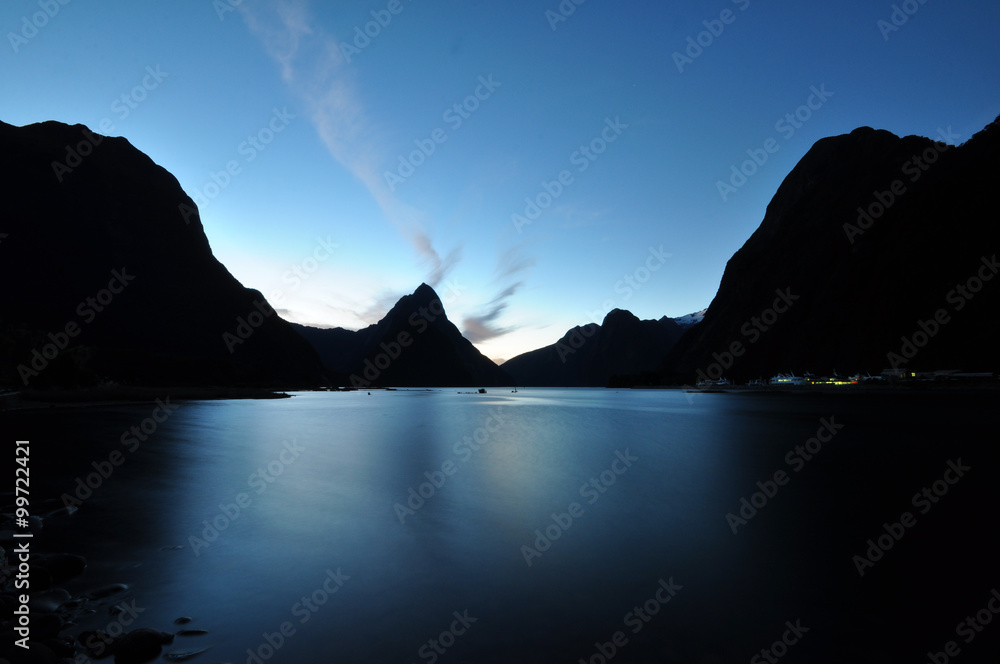 Sunset in Milford Sound on Mitre Peak, South Island, New Zealand