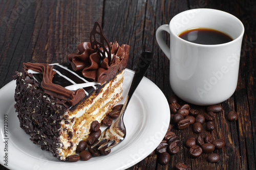 Piece of chocolate cake and coffee