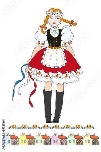 Czech girl in traditional costume and colorful village houses