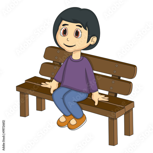 Little girl sitting on a bench cartoon